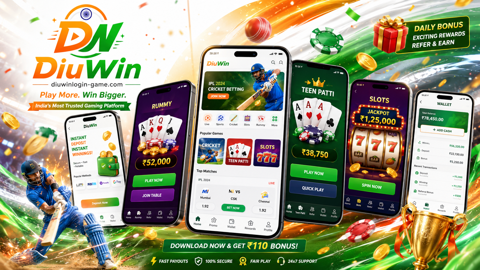 DiuWin reward-style game screen with phone, cards, and roulette visuals